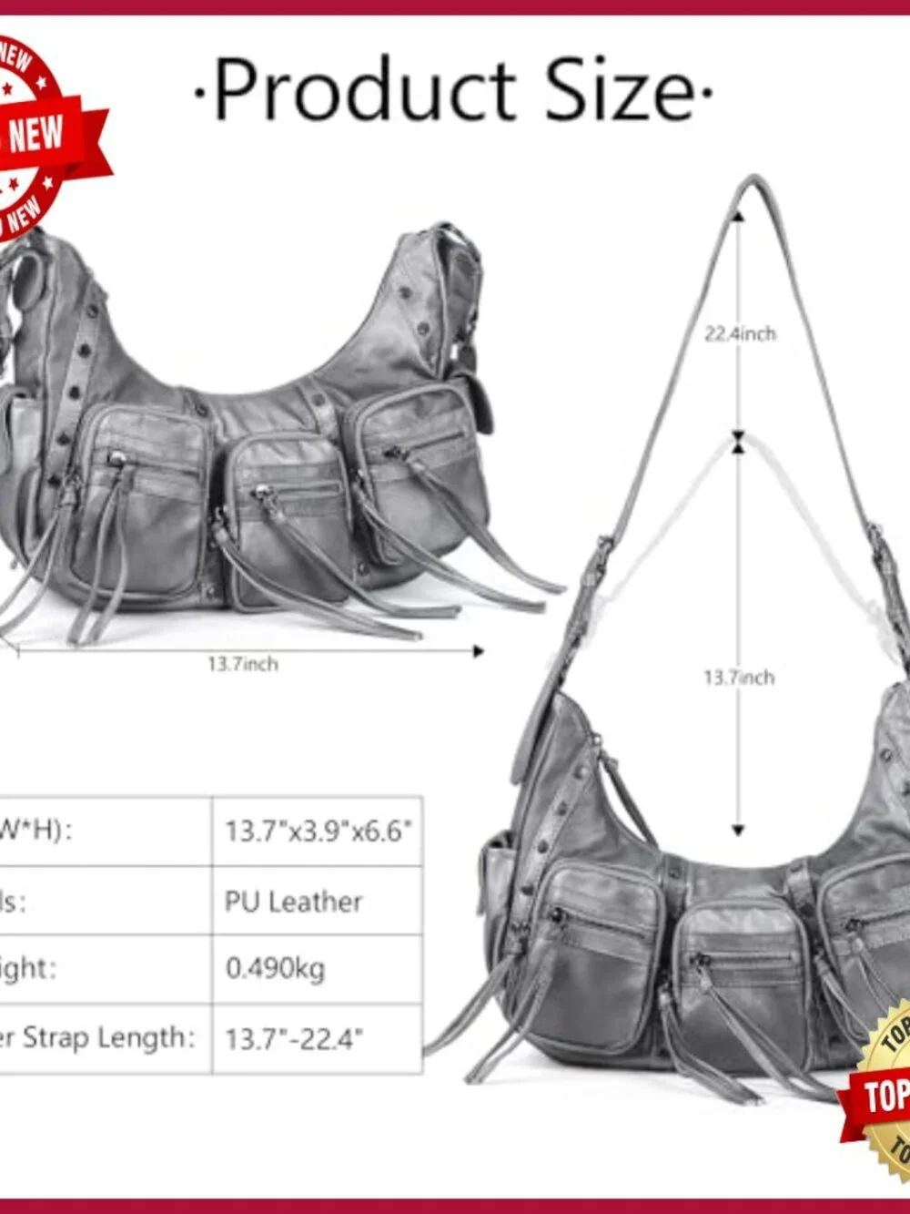 Y2K Vegan Leather Hobo Shoulder Bag with Studs Multi Pockets Satchel Handbag